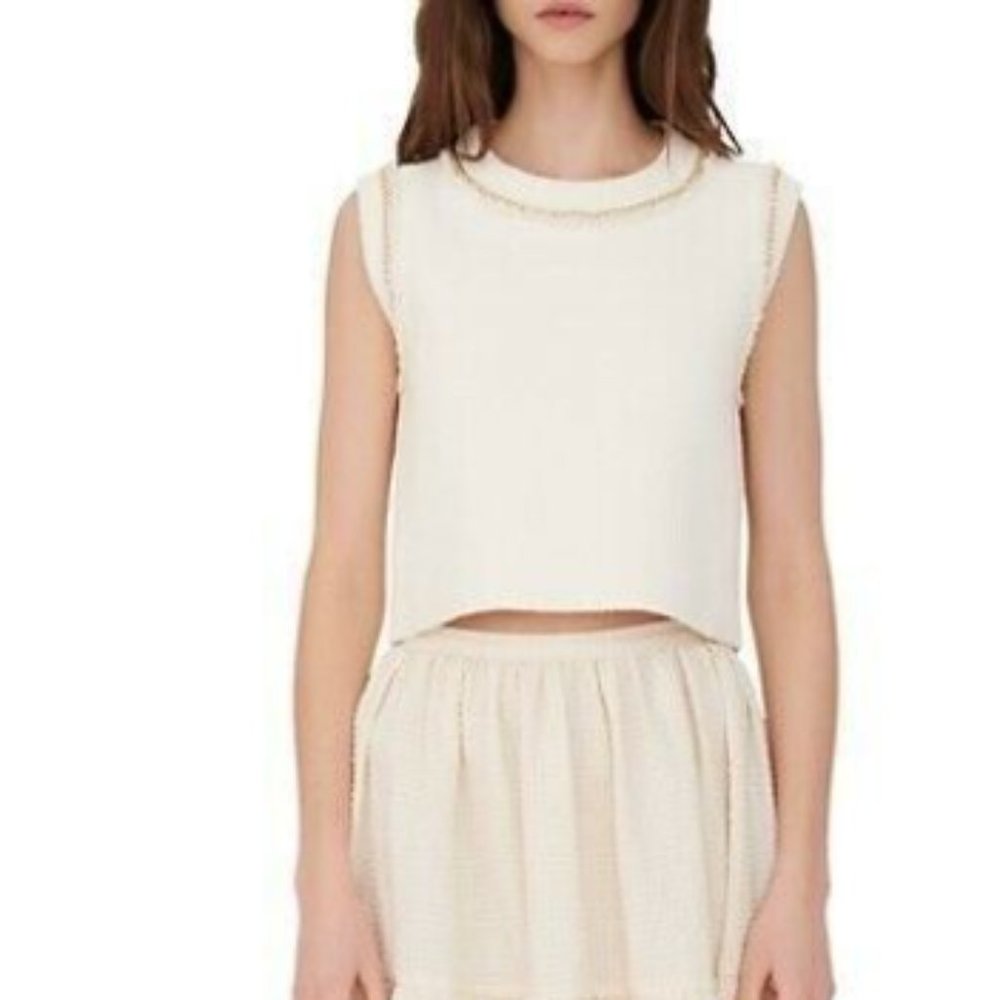 NWOT Maje Mozel Cropped Cream Gold Chain Trim Sweater